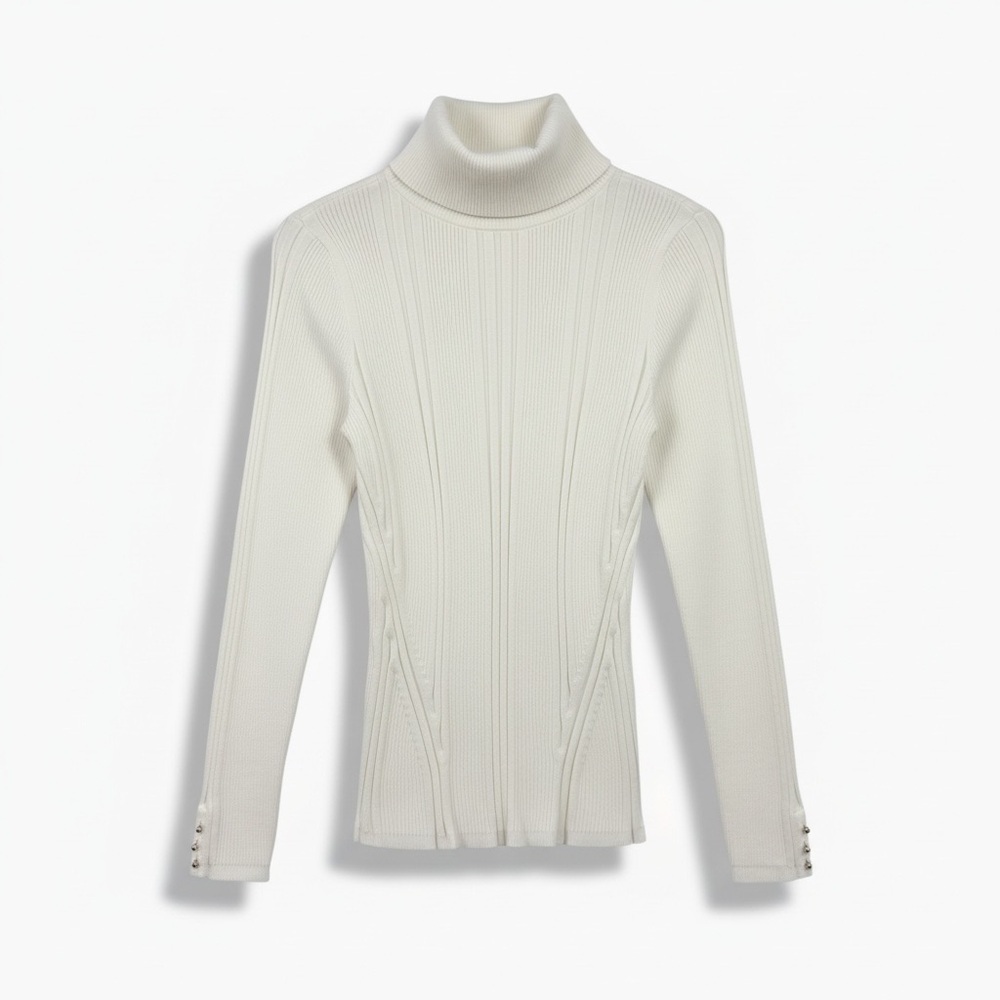 White House Black‎ Market WHBM Ribbed Knit Turtleneck Top in Cream Women's SZ PM